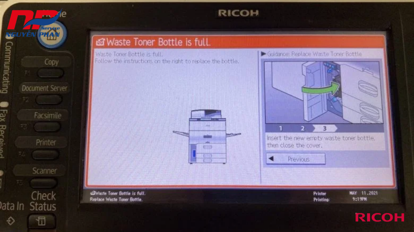 Máy Photocopy Ricoh Báo Lỗi Hộp Mực Thải (Waste Toner Box)