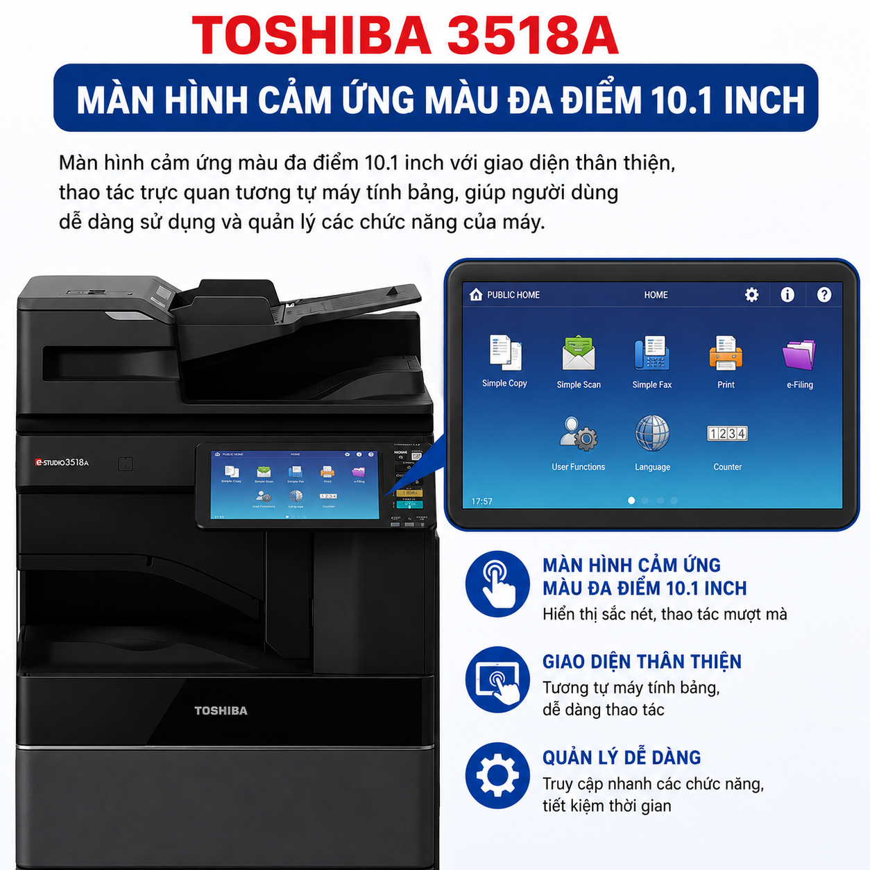 Cho Thuê Máy Photocopy Toshiba 3518A - Máy Trắng Đen Tốc Độ 35 Trang/ Phút TOSHIBA E STUDIO MAN HINH